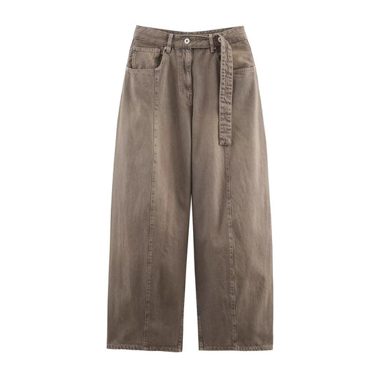 Damen Weite hochtaillierte Culotte-Hose mit Ziernaht, aufgesetzten Taschen und Bindegürtel Nord Taschen