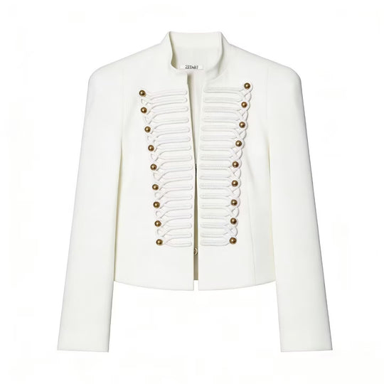 Damen Cropped Military-Blazer mit ornamentaler Kordelverzierung und Stehkragen Nord Taschen