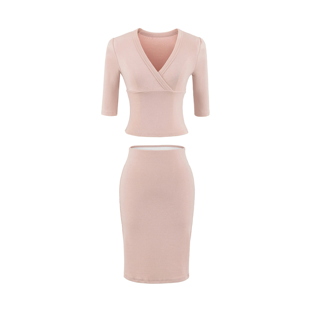 Damen Zweiteiliges figurbetontes Wickel-Top mit Dreiviertelärmeln und Highwaist-Bleistiftrock Nord Taschen