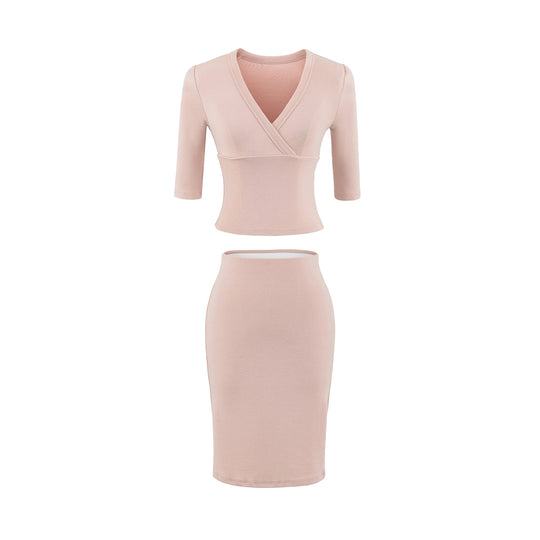 Damen Zweiteiliges figurbetontes Wickel-Top mit Dreiviertelärmeln und Highwaist-Bleistiftrock Nord Taschen