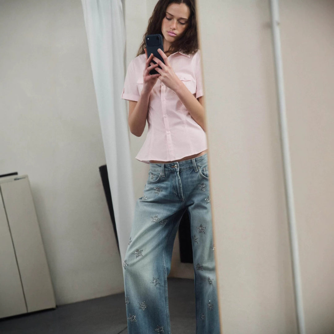 Damen Weite Denim-Jeans mit Sternenbesatz und geradem Bein Nord Taschen
