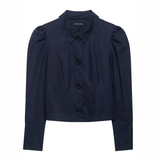 Damen Cropped Blousonjacke mit Puffärmeln, Hemdkragen und verlängerten Manschetten Nord Taschen