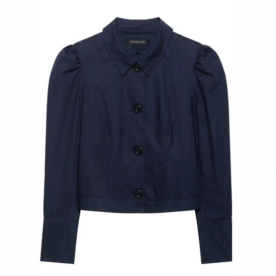 Damen Cropped Blousonjacke mit Puffärmeln, Hemdkragen und verlängerten Manschetten Nord Taschen