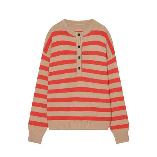 Damen Gestreifter Oversize-Strickpullover mit Henley-Knopfleiste Nord Taschen