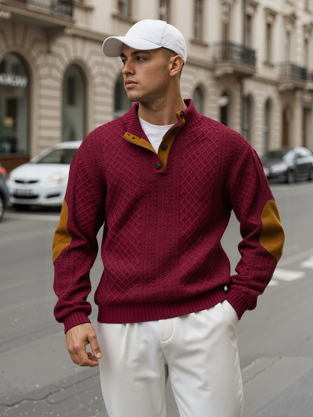 Herren Troyer-Pullover mit Stehkragen, strukturierter Strickoptik und Kontrast-Ellbogenpatches Nord Taschen