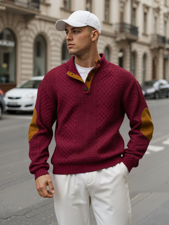 Herren Troyer-Pullover mit Stehkragen, strukturierter Strickoptik und Kontrast-Ellbogenpatches Nord Taschen