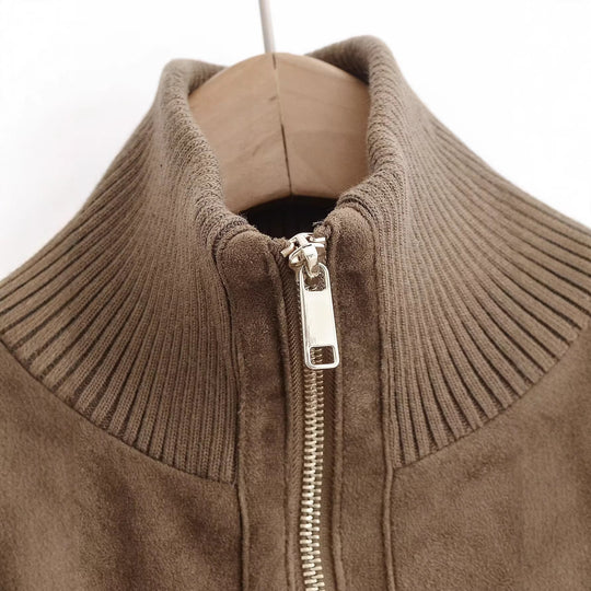 Damen Bomberjacke aus Wildlederoptik mit großen Pattentaschen und Rippbündchen Nord Taschen