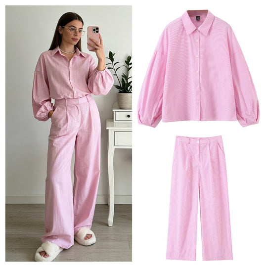 Damen Zweiteiliges gestreiftes Set mit Oversize-Hemd und High‑Waist-Plazzohose Nord Taschen