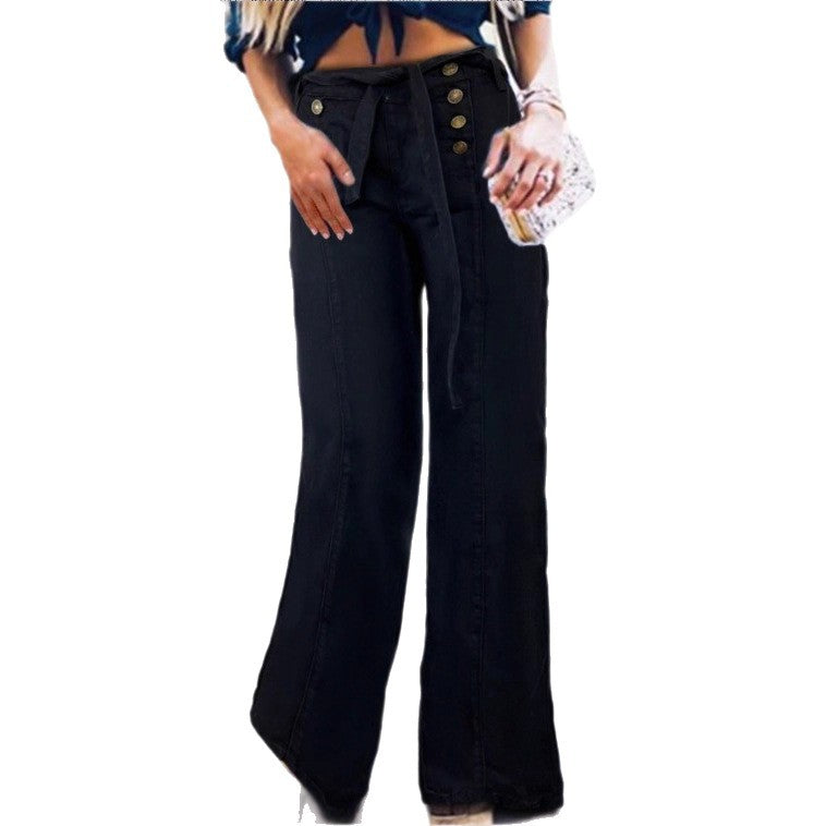 Damen Hochtaillierte, maritim inspirierte weite Jeanshose mit Zierknopfleiste und Bindegürtel Nord Taschen