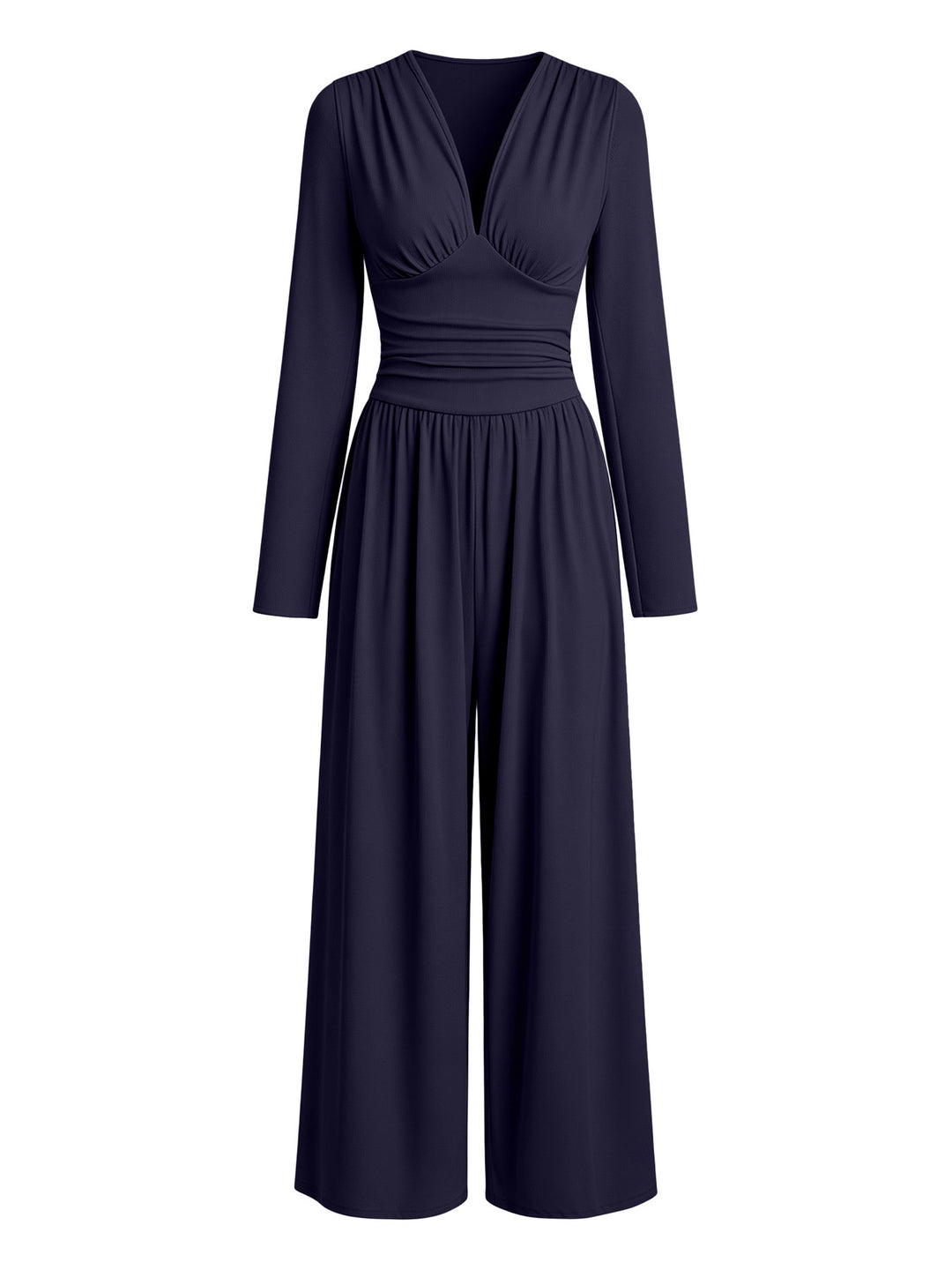 Damen Eleganter V‑Ausschnitt Jumpsuit mit tailliertem Wickelbund und weitem Hosenbein Nord Taschen