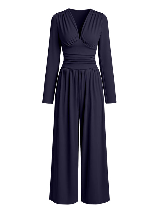 Damen Eleganter V‑Ausschnitt Jumpsuit mit tailliertem Wickelbund und weitem Hosenbein Nord Taschen