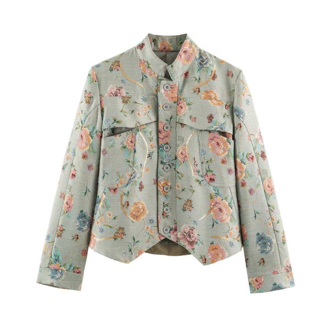 Damen geblümte Jacquard‑Kurzjacke mit Stehkragen, Pattentaschen und Paillettenbesatz Nord Taschen
