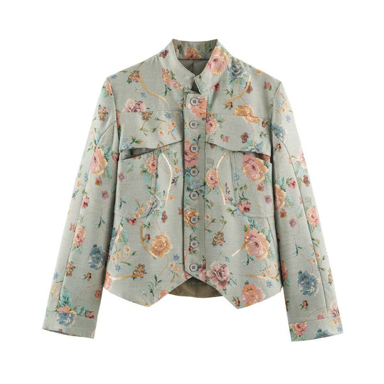 Damen geblümte Jacquard‑Kurzjacke mit Stehkragen, Pattentaschen und Paillettenbesatz Nord Taschen
