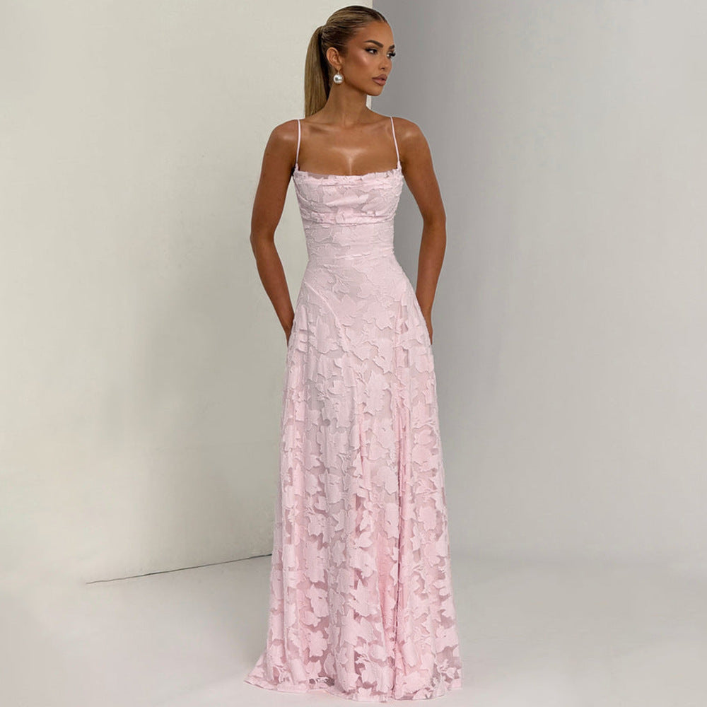 Damen Maxikleid mit floralem Spitzenmuster und schwingendem Rock