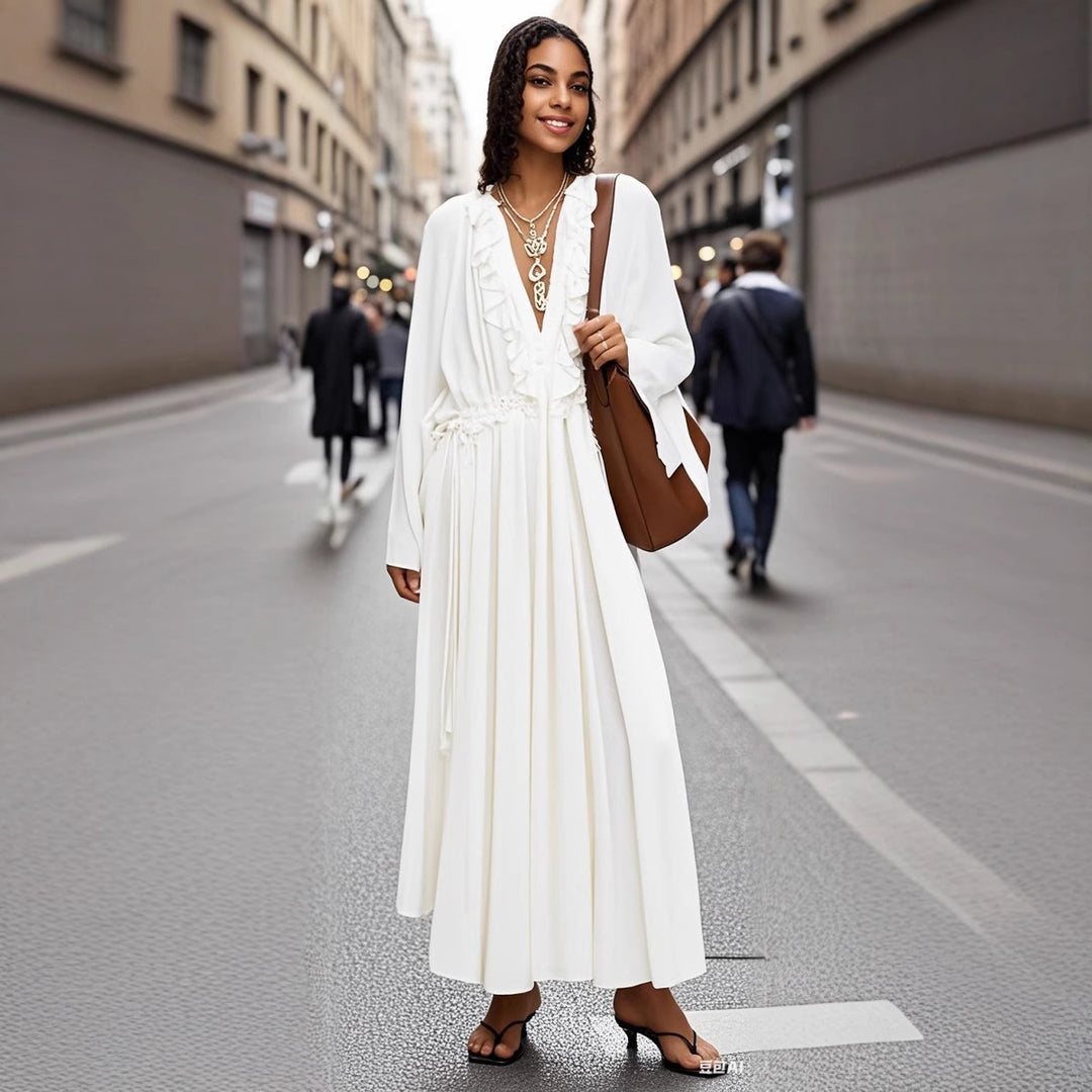 Damen Maxikleid mit Volants, Bindekragen und weitem Glockenärmel Nord Taschen