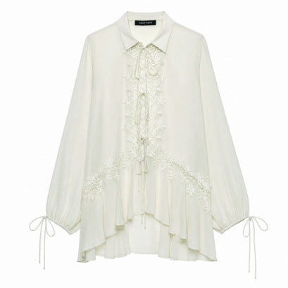 Damen Romantische Chiffon-Bluse mit Spitzenapplikation, Volant-Saum und Bindebändern Nord Taschen