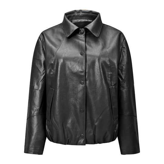 Damen Kurz geschnittene Kunstleder‑Blousonjacke mit Druckknopffront, Hemdkragen & elastischem Saum Nord Taschen