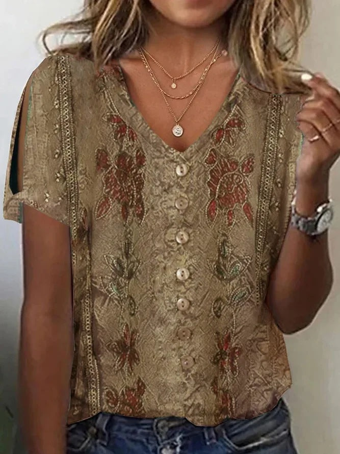 Damen V-Ausschnitt Bluse mit floralen Details und Knopfverschluss