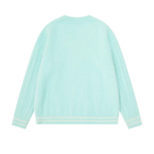 Damen V-Ausschnitt Strickpullover mit Zopfärmeln und Chenille-Katzenmotiv Nord Taschen