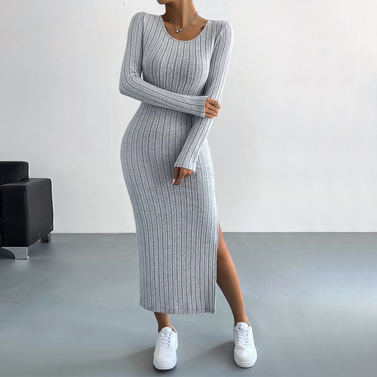 Damen figurbetontes Rippenstrick-Midikleid mit schmaler Silhouette, Rundhalsausschnitt und seitlichem Oberschenkelschlitz Nord Taschen