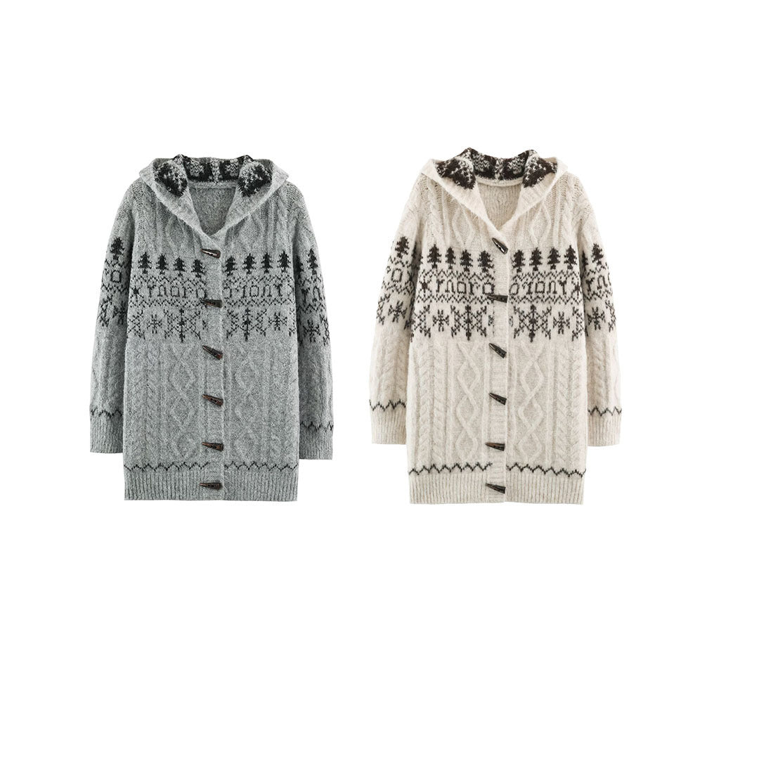 Damen Grobgestrickte Kapuzen‑Strickjacke mit Hornknöpfen und Norwegermuster Nord Taschen