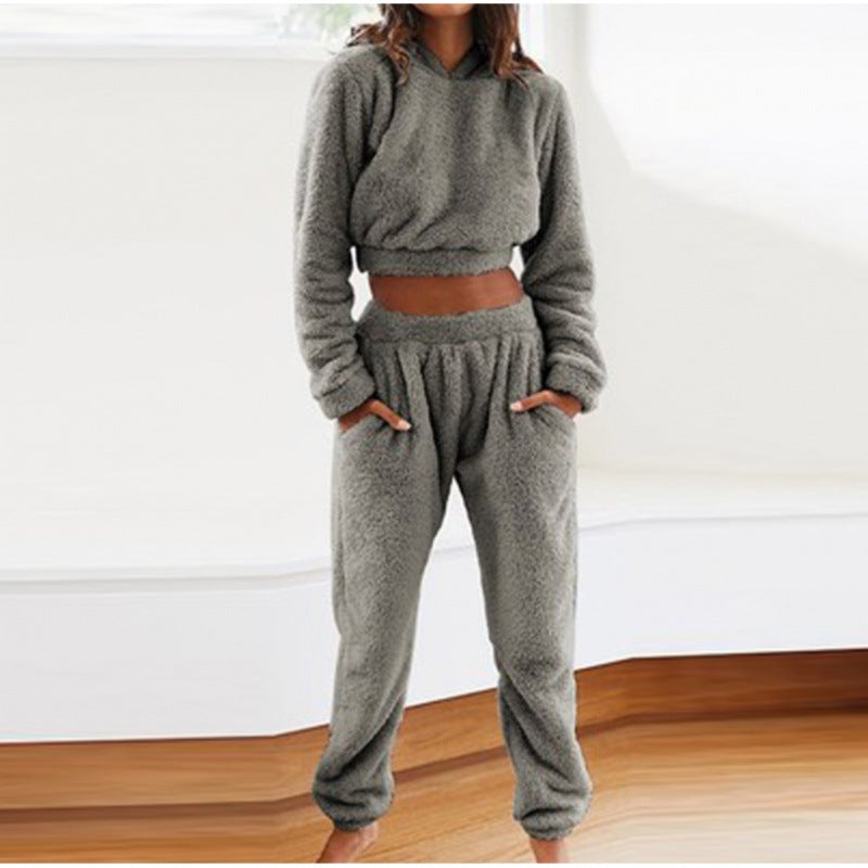 Damen Kuschelige Teddy-Fleece-Loungewear mit Cropped-Hoodie und High-Waist-Jogginghose Nord Taschen