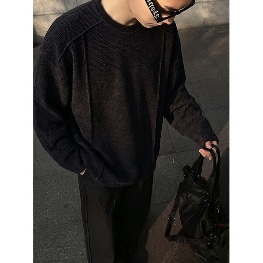 Herren Oversize Waffelstrick-Pullover mit Rundhalsausschnitt Nord Taschen