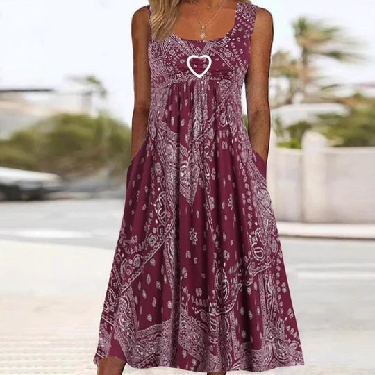 Damen nan luftiges Maxi-Kleid mit Paisley-Bandana-Print, geraffter Empire-Taille und praktischen Seitentaschen