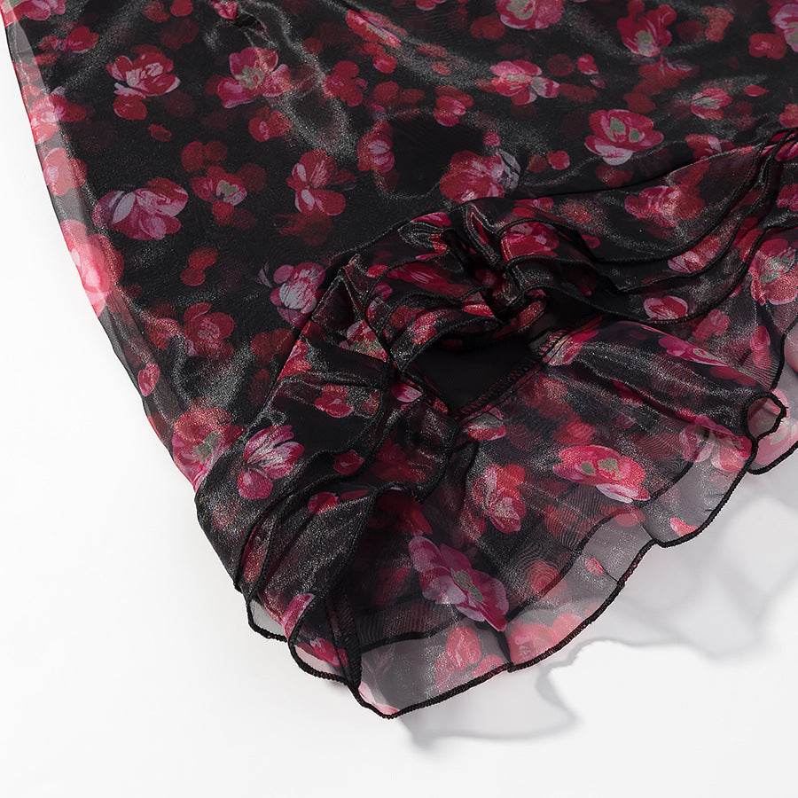 Damen Romantisches Chiffon‑Minikleid mit tiefem V‑Ausschnitt, Volantstufen und Trompetenärmeln Nord Taschen