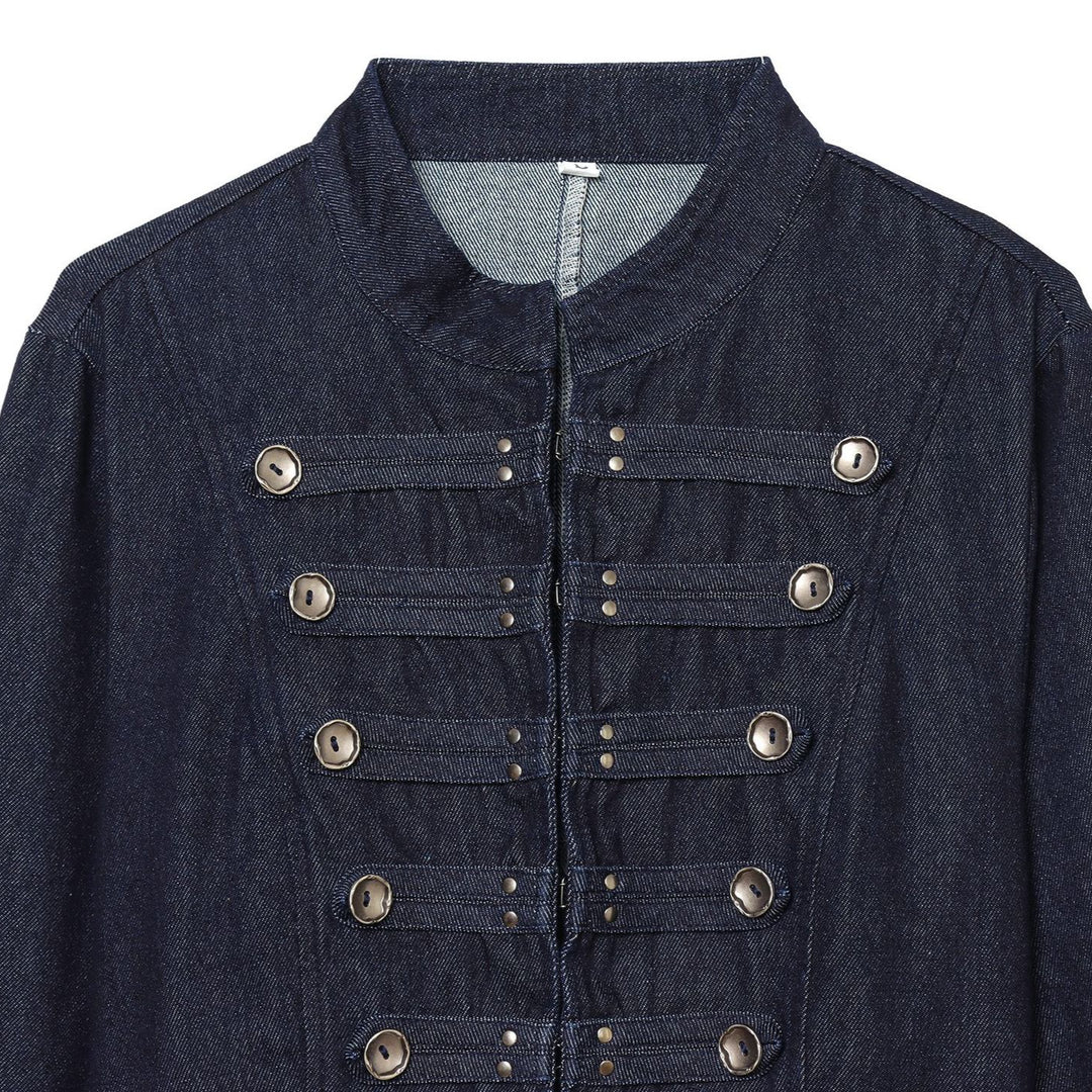 Damen Cropped Denim‑Militärjacke mit Stehkragen und dekorischer Zierknopfleiste Nord Taschen