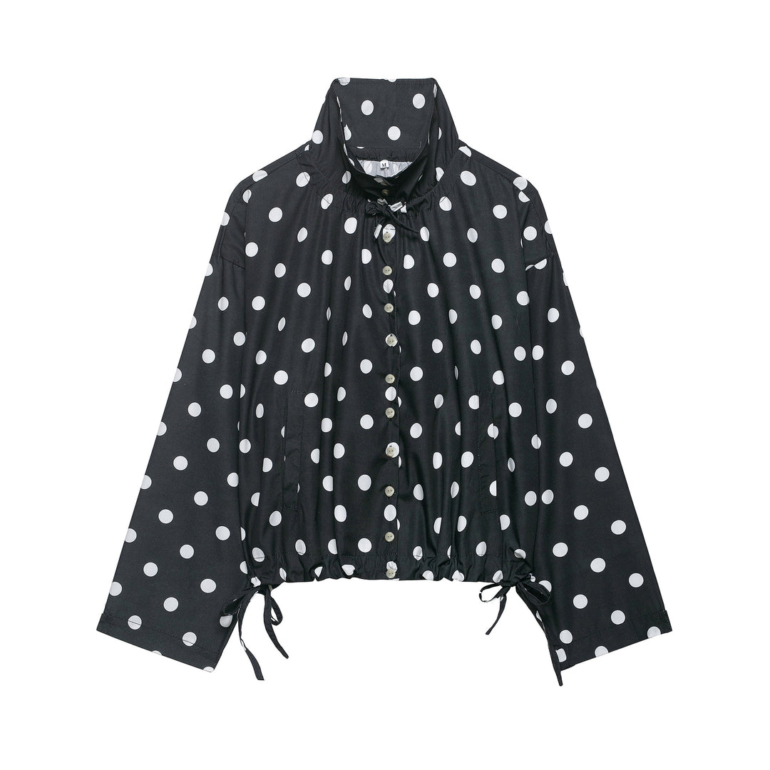 Damen Leichte Bluse im Polka‑Dot‑Design mit Stehkragen, Tunnelzugsaum und Knopfleiste Nord Taschen
