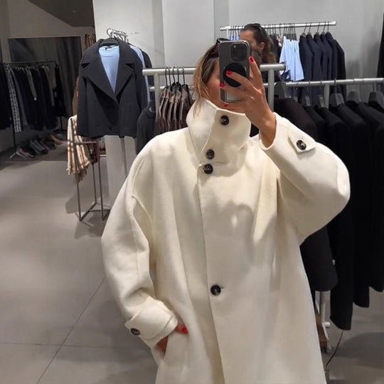 Damen Oversize Wollmix-Mantel mit asymmetrischem Schnitt und hohem Stehkragen Nord Taschen