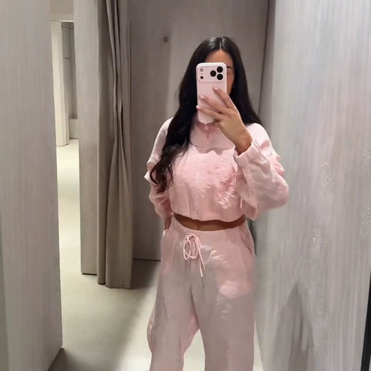 Damen Lässiges Satin-Trackset mit kurzem Reißverschluss-Top & weitem Tunnelzug-Hose Nord Taschen