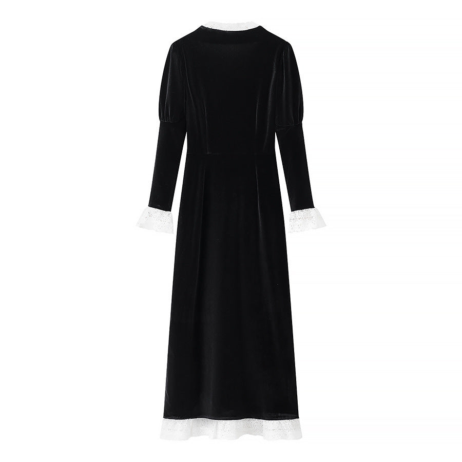 Damen Maxikleid aus Samt mit quadratischem Ausschnitt, Puffärmeln und Spitzenbesatz Nord Taschen