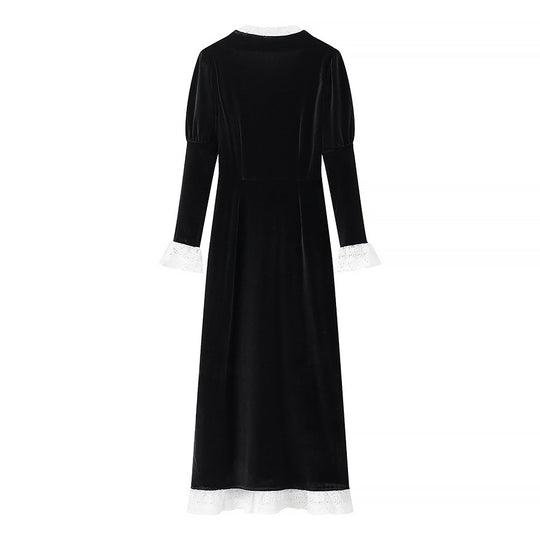 Damen Maxikleid aus Samt mit quadratischem Ausschnitt, Puffärmeln und Spitzenbesatz Nord Taschen