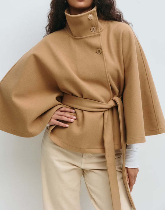 Damen Kurzcape-Mantel mit Stehkragen, Oversize-Ärmeln und Bindegürtel Nord Taschen