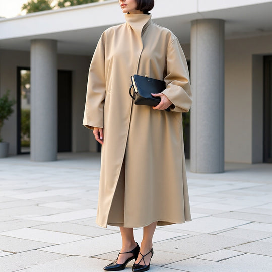 Damen Mantel im minimalistischen Midi‑Schnitt mit Stehkragen und verdeckter Knopfleiste Nord Taschen