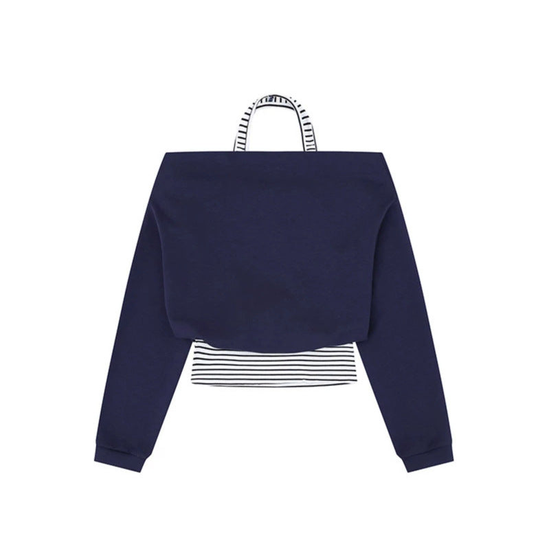 Damen Cropped Lagen-Hoodie mit integriertem Streifen-Untershirt, Kapuze und legerem Raglan-Schnitt Nord Taschen