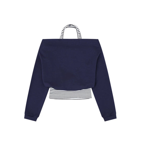 Damen Cropped Lagen-Hoodie mit integriertem Streifen-Untershirt, Kapuze und legerem Raglan-Schnitt Nord Taschen