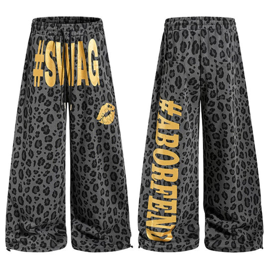 Damen Weite Palazzo-Sweathose im Leo-Muster mit hohem Komfortbund, Kordelzug und goldigem Statement-Print Nord Taschen