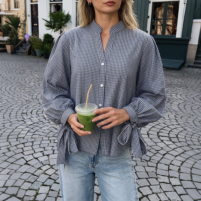 Damen Locker geschnittene Vichy-Karo-Bluse mit Stehkragen, Knopfleiste und Bindemanschetten Nord Taschen