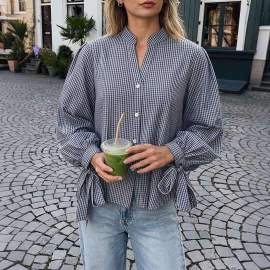 Damen Locker geschnittene Vichy-Karo-Bluse mit Stehkragen, Knopfleiste und Bindemanschetten Nord Taschen