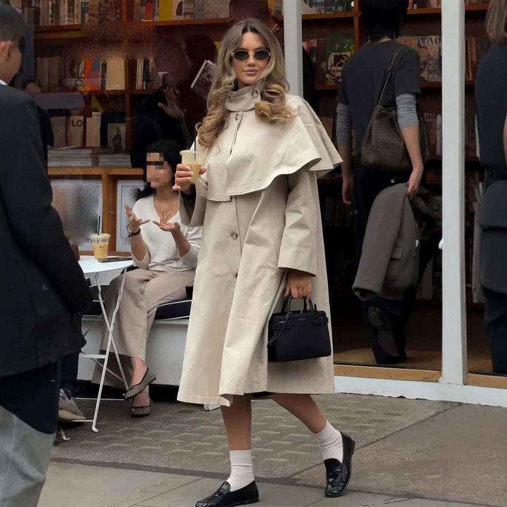 Damen Oversize-Trenchcoat mit Cape-Detail und hohem Stehkragen Nord Taschen