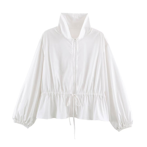Damen Leichte Cropped Übergangsjacke mit hohem Funnelkragen und Tunnelzugtaillierung Nord Taschen