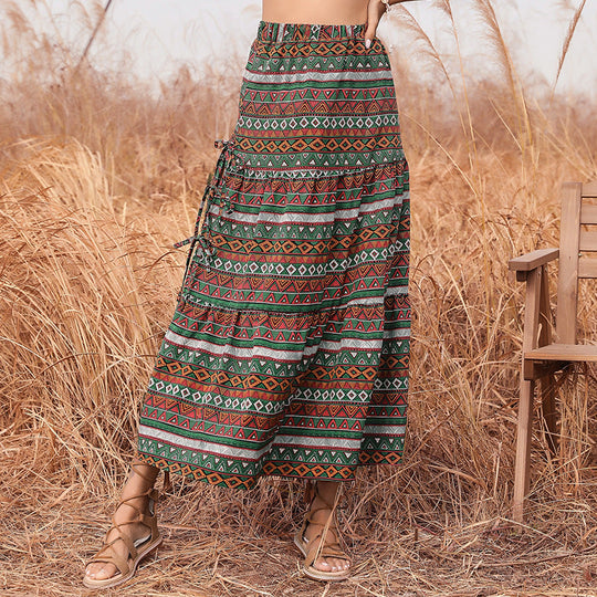 Damen Langer Boho-Maxirock mit Ethno-Print und seitlichen Bindebändern Nord Taschen