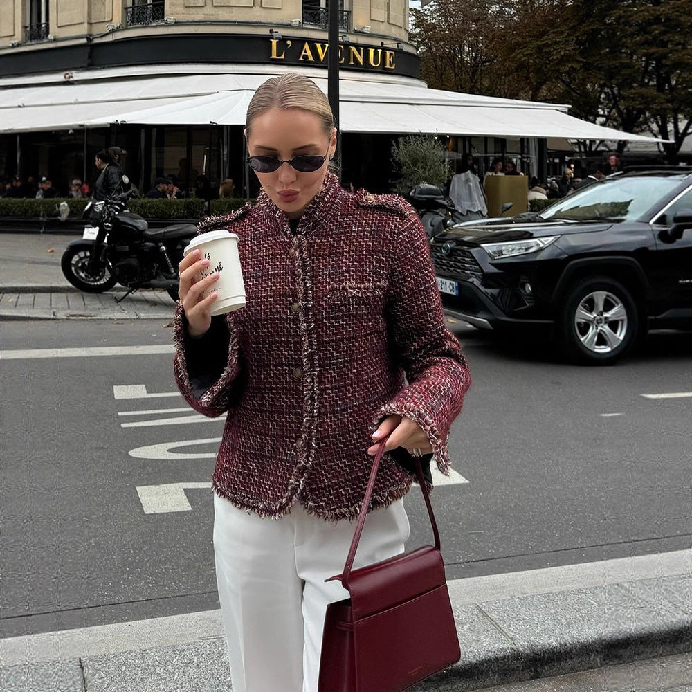 Damen Kurze Bouclé-Tweed-Jacke mit Fransenbesatz und Zierknöpfen Nord Taschen