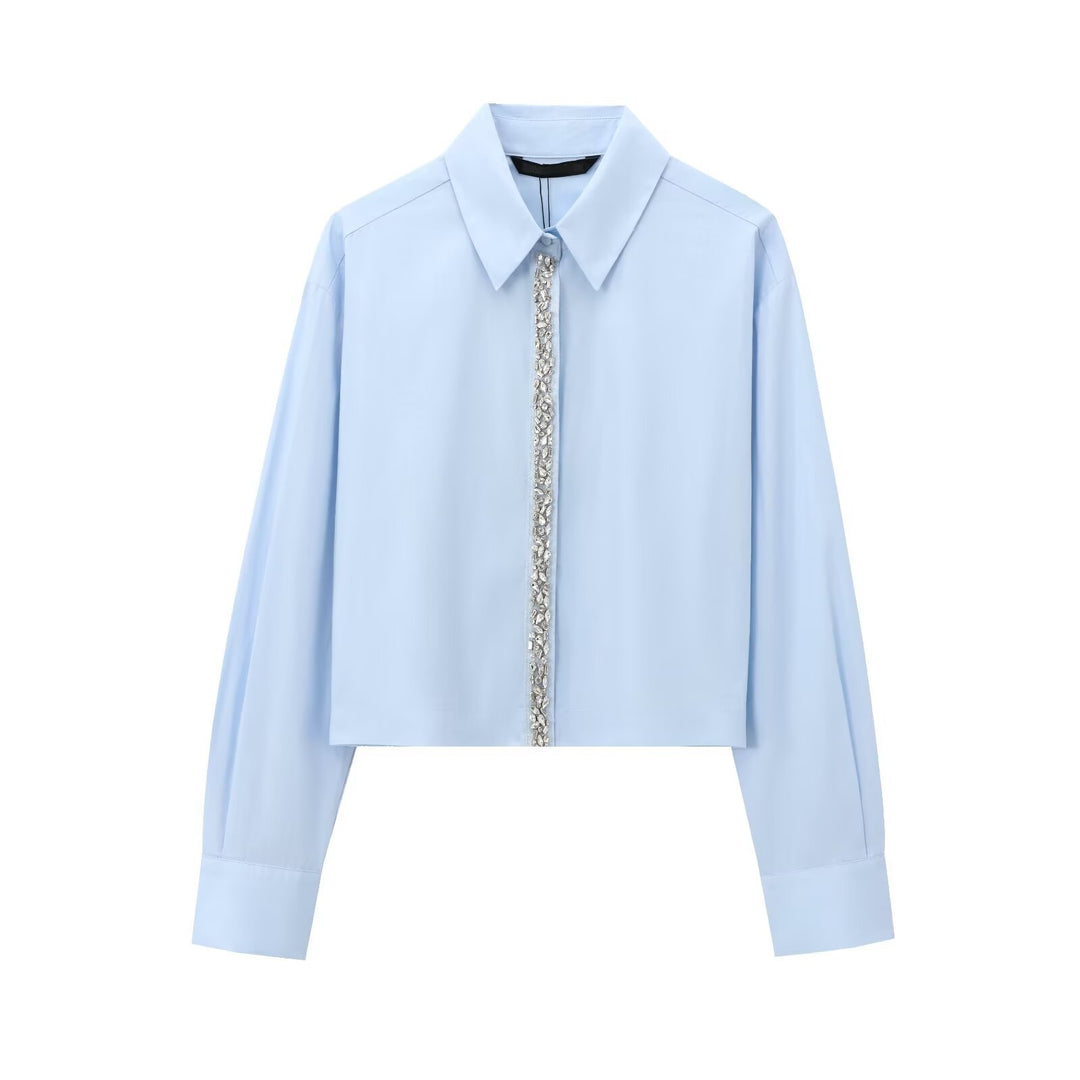 Damen Cropped Hemd mit Kristallverzierung und Oversized-Kragen Nord Taschen