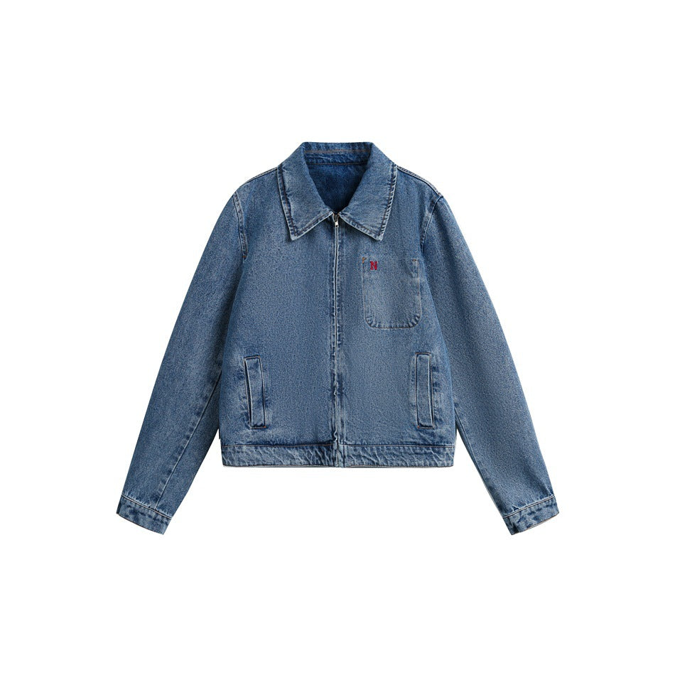 Damen Kurze Oversize-Denimjacke mit durchgehendem Reißverschluss und Brusttasche Nord Taschen