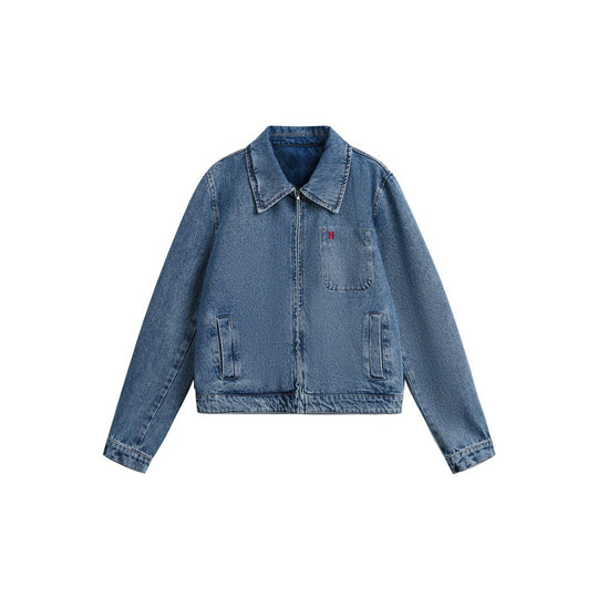 Damen Kurze Oversize-Denimjacke mit durchgehendem Reißverschluss und Brusttasche Nord Taschen