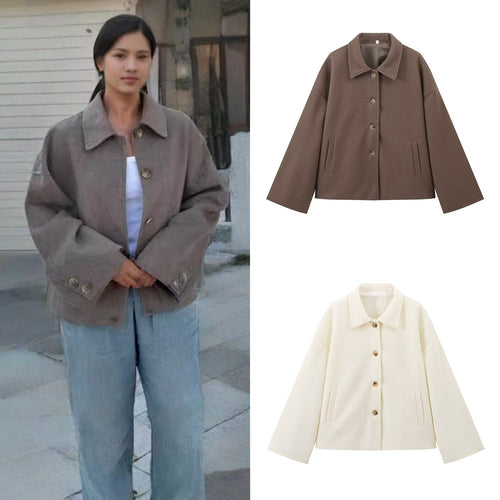 Damen Kurzjacke im Boxy‑Schnitt aus Wollmix mit Hemdkragen und verdeckter Knopfleiste Nord Taschen